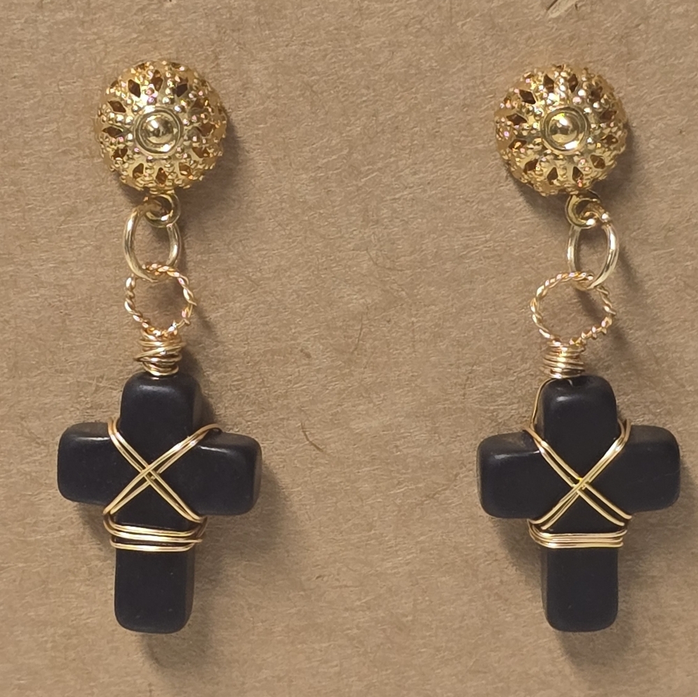 1.5" Black & Gold Cross Earrings
